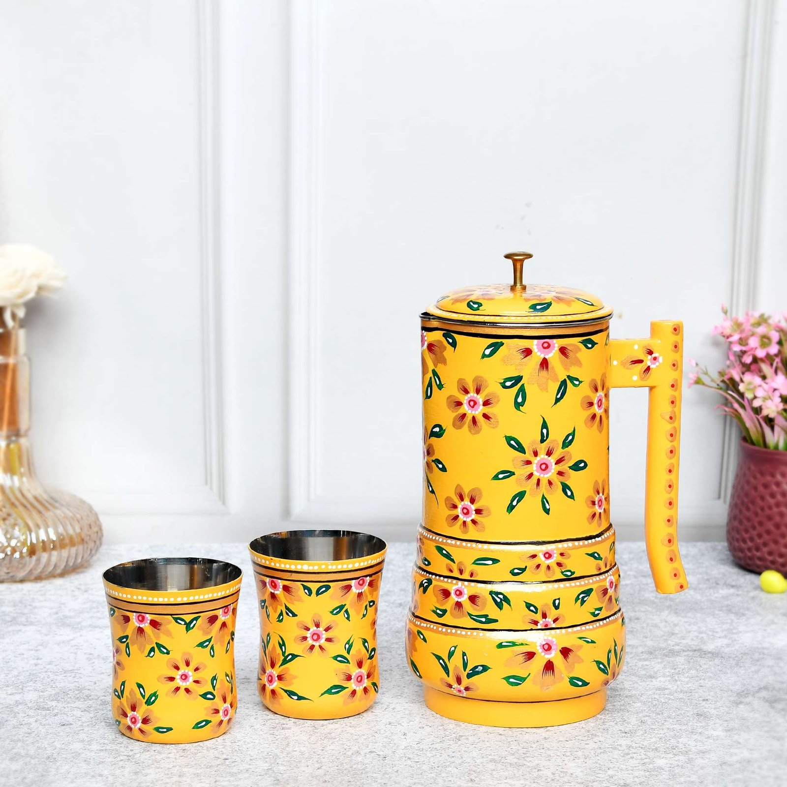 Aluminium Jug Set with 2 Glass Tumblers - 21 cm for kitchen décor ,Table Top , And Home Decoration