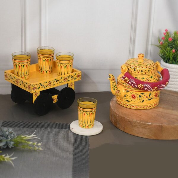 HandPainted Alluminium Tea Kettle with Four Glasses and Wooden Tray For Home Décor , Tea Party , Serving