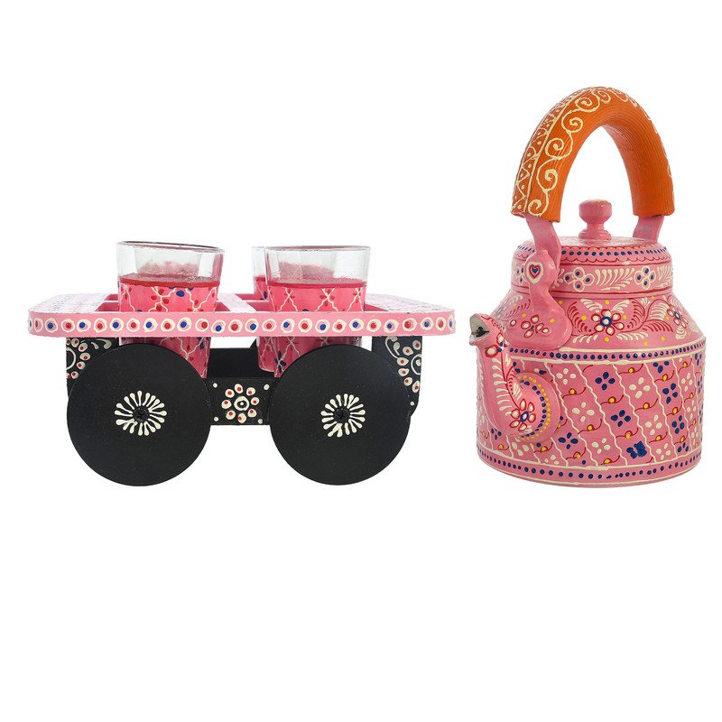 HandPainted Alluminium Pink Tea Kettle with Four Glasses and Wooden Tray For Home Décor , Tea Party , Serving - Image 4