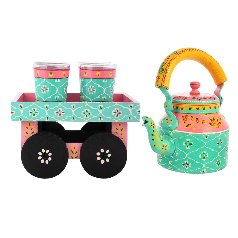HandPainted Alluminium Tea Kettle with Four Glasses and Wooden Tray For Home Décor , Tea Party , Serving - Image 6