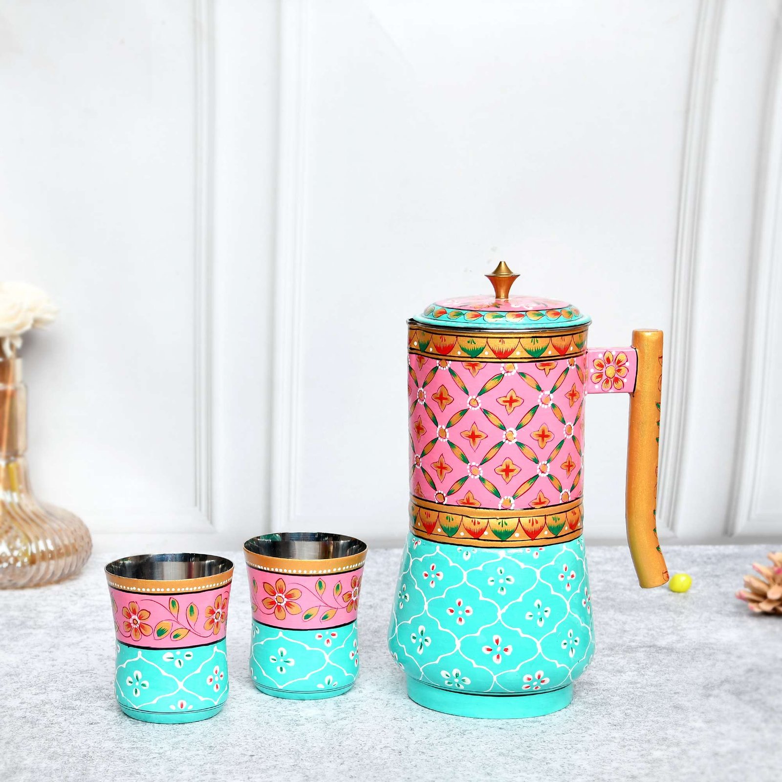 Aluminium Jug Set with 2 Glass Tumblers - 21 cm for kitchen décor ,Table Top , And Home Decoration