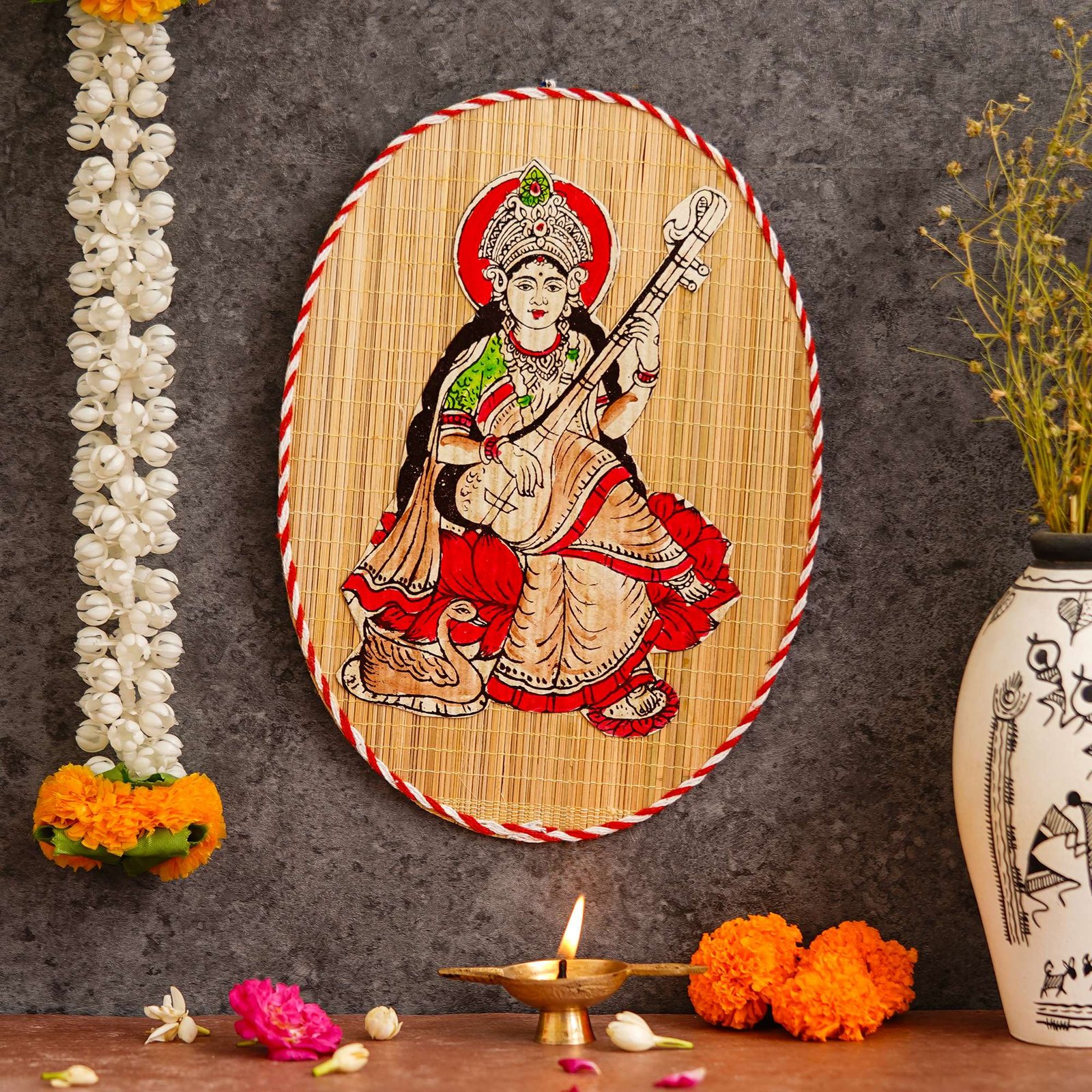 Oval Shaped Design Bamboo Hand Crafted Wall Hangings Of Godess Sarwasti Ji For Home D?cor