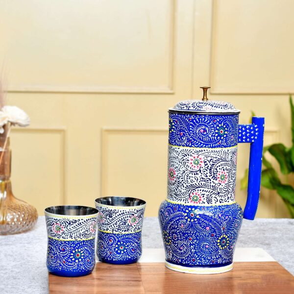Aluminium Jug Set with 2 Glass Tumblers - 21 cm for kitchen décor ,Table Top , And Home Decoration