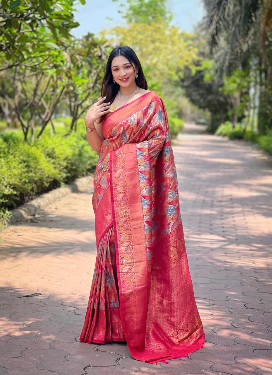 Women's Luxurious Pista Green & Pink Art Silk Saree with Intricate Leaf Weave & Broad Zari Border – Ideal for Festive & Wedding Occasions - Image 4
